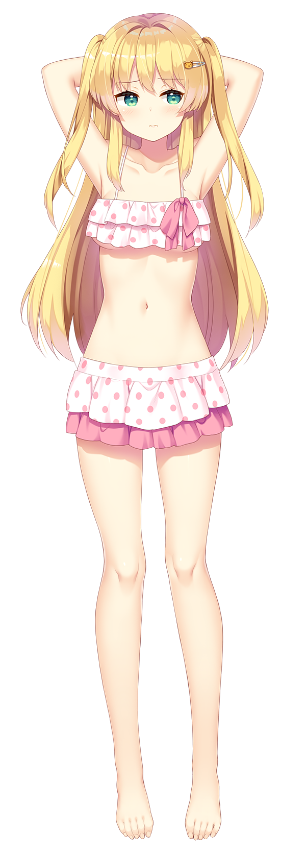 1girl, arms_behind_head, arms_up, barefoot, bekotarou, bikini, bikini_skirt, blonde_hair, blush, boku_no_amayakase_ikatsu, breasts, collarbone, eyebrows_visible_through_hair, full_body, green_eyes, hair_intakes, hair_ornament, hairclip, hasekura_eiru, highres, long_hair, navel, official_art, pink_bikini, polka_dot, polka_dot_bikini, shy, solo, spaghetti_strap, swimsuit, transparent_background, two_side_up, under_boob