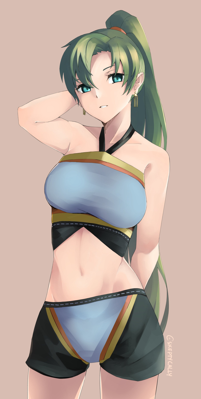 1girl, absurdres, arm_behind_head, breasts, earrings, fire_emblem, fire_emblem:_rekka_no_ken, fire_emblem_musou
