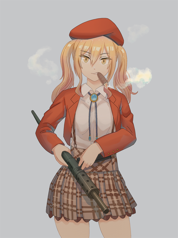 1girl, beret, blonde_hair, cigar, commentary_request, cowboy_shot, cropped_jacket, girls_frontline
