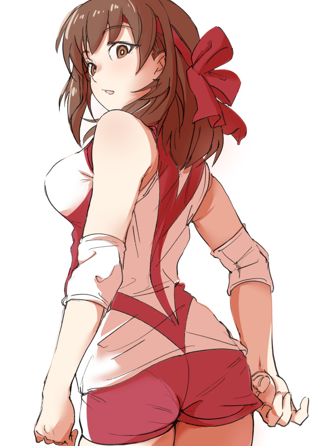 1girl, :o, adjusting_clothes, adjusting_shorts, ass, back, bangs, breasts