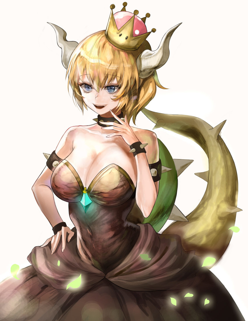 1girl, absurdres, bangs, bare_shoulders, black_dress, blonde_hair, blue_eyes, bowsette