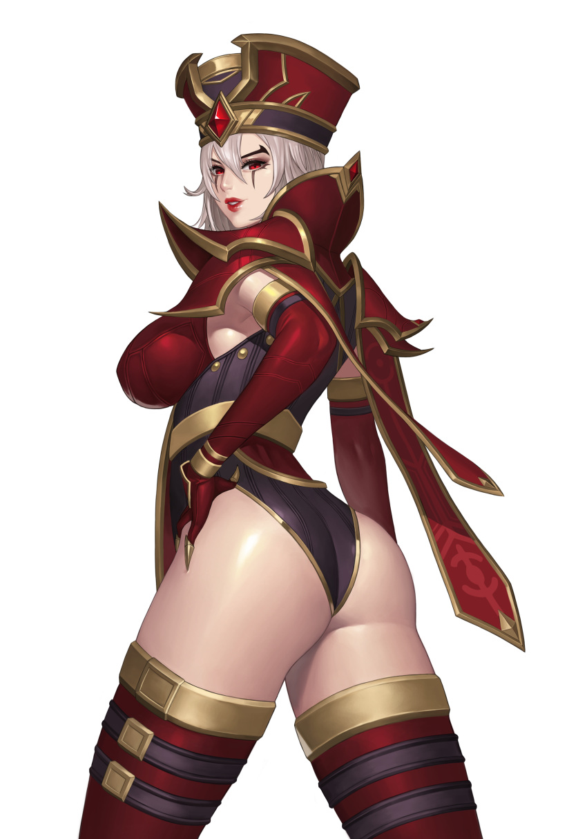 1girl, absurdres, armor, ass, bangs, breasts, elbow_gloves, facial_mark