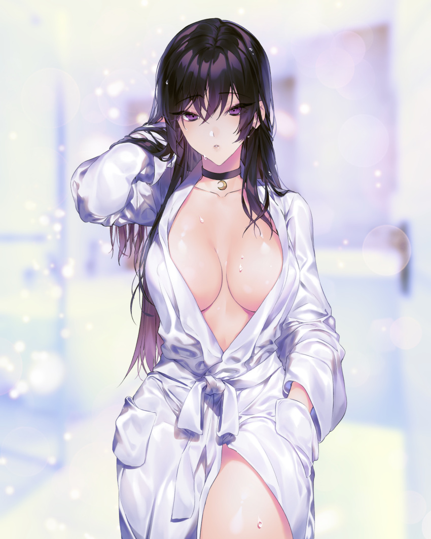 1girl, absurdres, arm_up, bangs, bathrobe, black_choker, black_hair, black_joa