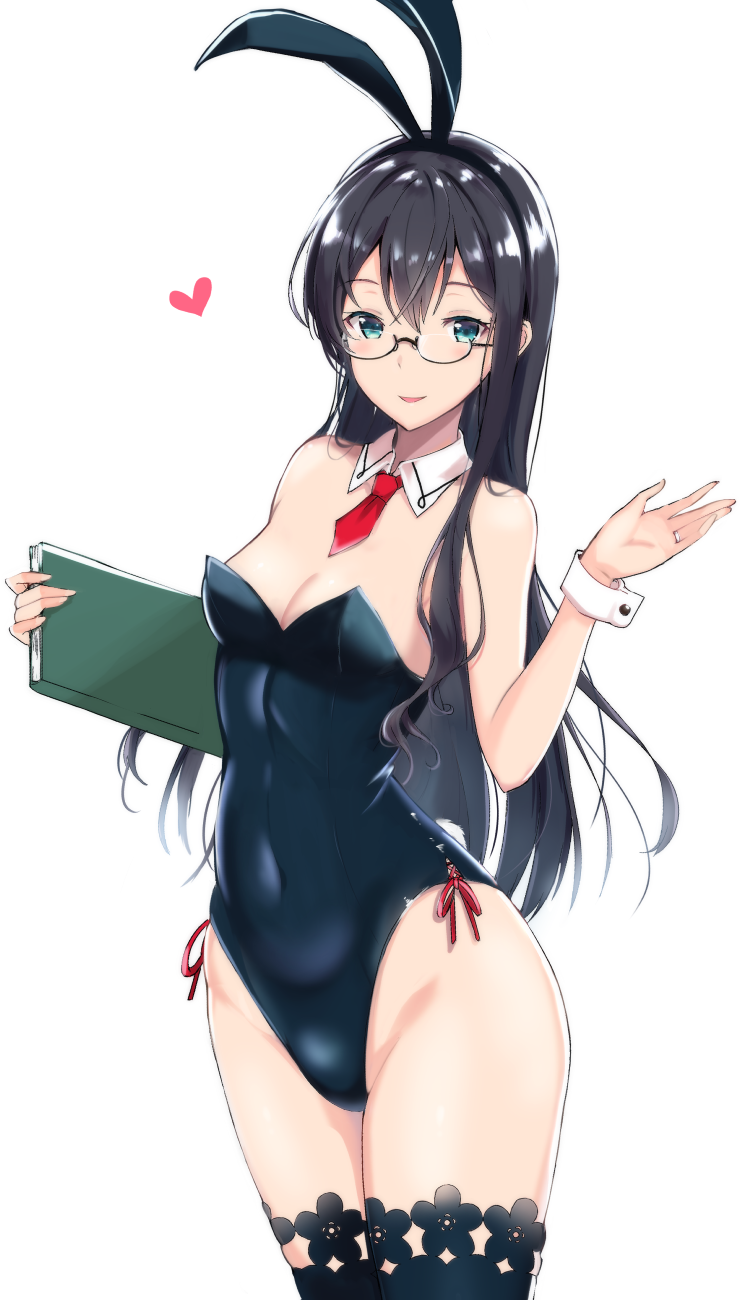 1girl, animal_ears, black_hair, black_leotard, breasts, brown_legwear, bunny_tail, bunnysuit