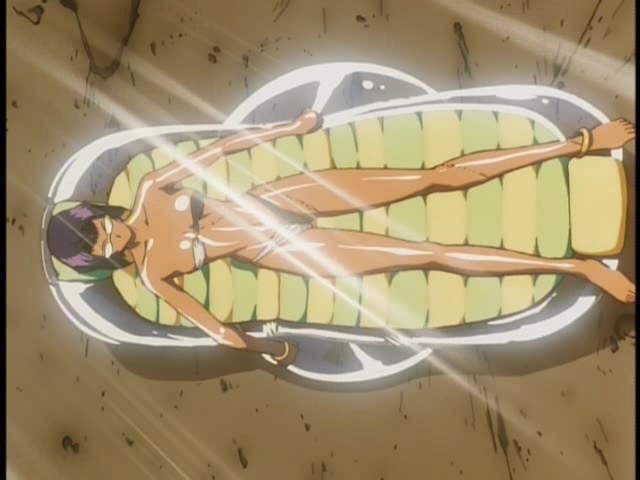 bikini, bracelet, cap, cowboy_bebop, dark_skin, faye_valentine, glasses, inflatable_raft, jewelry, lying, oiled, purple_hair, screencap, shiny, short_hair, sideways, solo, swimsuit, tan