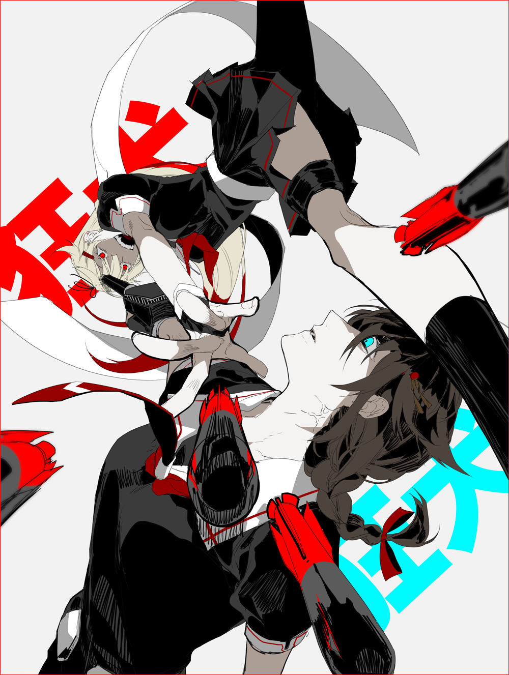 2girls, action, black_ribbon, black_serafuku, black_skirt, blonde_hair, blue_eyes, braid