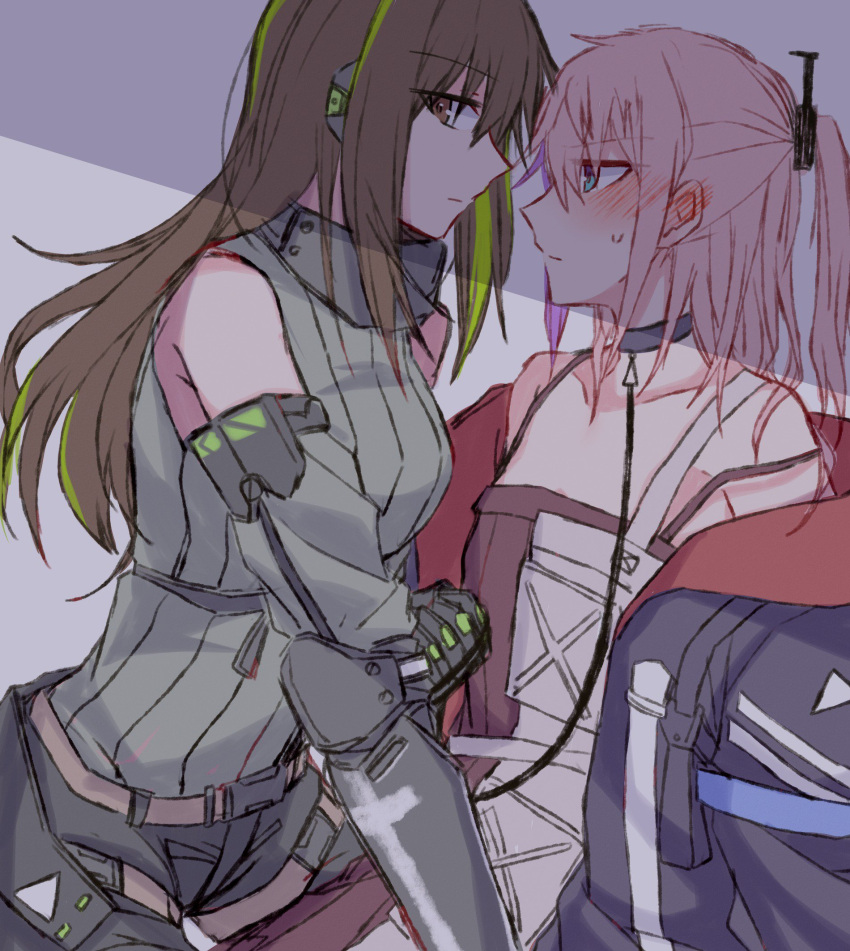 2girls, belt, black_hair, blush, girls_frontline, gloves, hairband, headphones