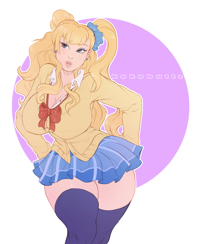 1girl, asymmetrical_hair, blue_eyes, galko, gyaru, hair_bun, highres, kogal, kokobuttz, long_hair, oshiete!_galko-chan, pinup, plaid, plaid_skirt, side_ponytail, skirt, solo