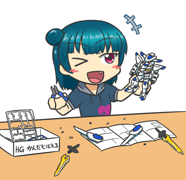 >_o, :d, black_hair, blush_stickers, company_connection, fang, gundam, gundam_bael