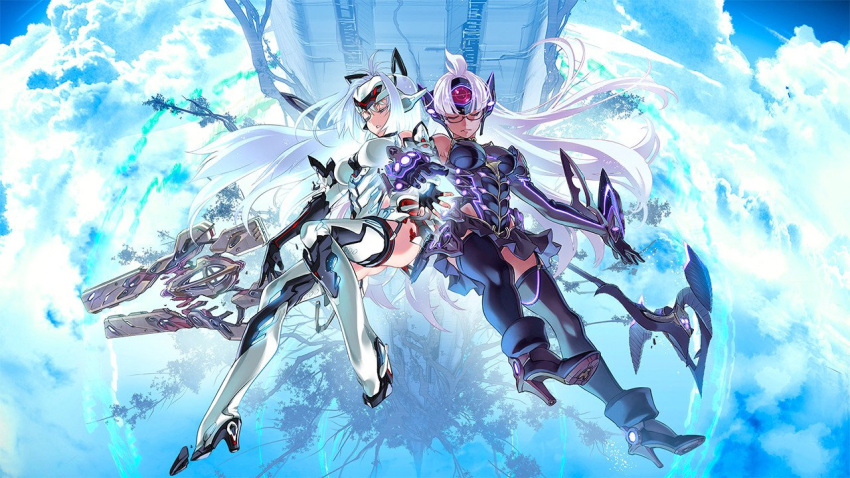 2girls, armor, boots, branch, choco, closed_eyes, clouds, dark_skin