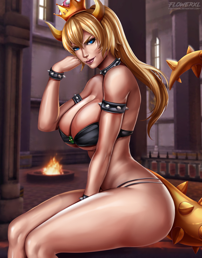 1girl, armlet, bare_shoulders, between_legs, bikini, black_bikini, black_collar, blonde_hair
