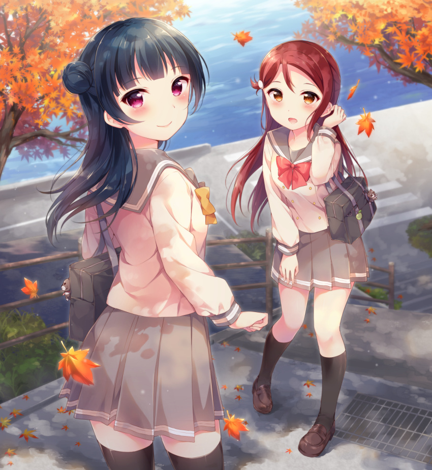 2girls, anko_(love_live!_sunshine!!), autumn, autumn_leaves, bag, bag_charm, bangs, black_footwear, black_legwear, blue_hair, blush, character_name, charm_(object), copyright_name, cover, cover_page, doujin_cover, eyebrows_visible_through_hair, grey_skirt, hand_up, hazuki_(sutasuta), highres, kneehighs, loafers, long_hair, long_sleeves, looking_at_viewer, looking_back, love_live!, love_live!_sunshine!!, miniskirt, multiple_girls, outdoors, pleated_skirt, redhead, sakurauchi_riko, school_bag, school_uniform, serafuku, shoes, side_bun, skirt, standing, textless, thigh-highs, tsushima_yoshiko, violet_eyes, yellow_eyes