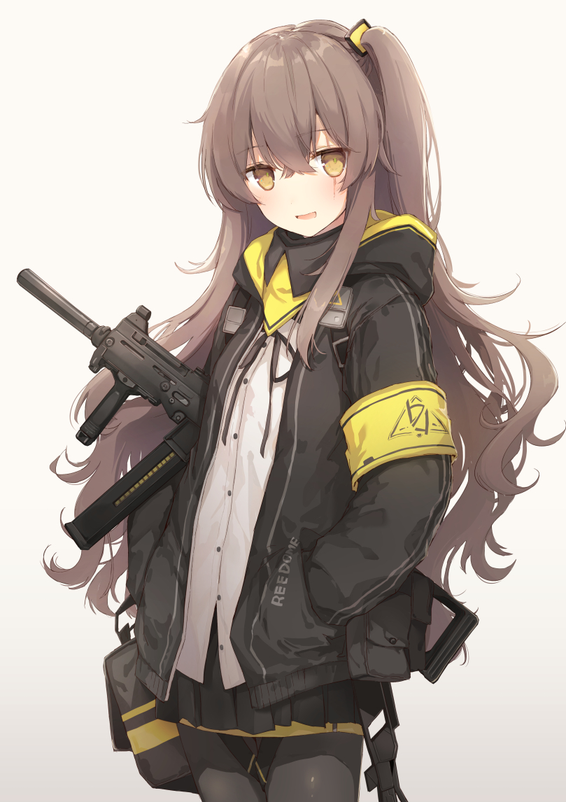 1girl, :d, armband, bangs, black_jacket, black_legwear, black_ribbon, black_skirt