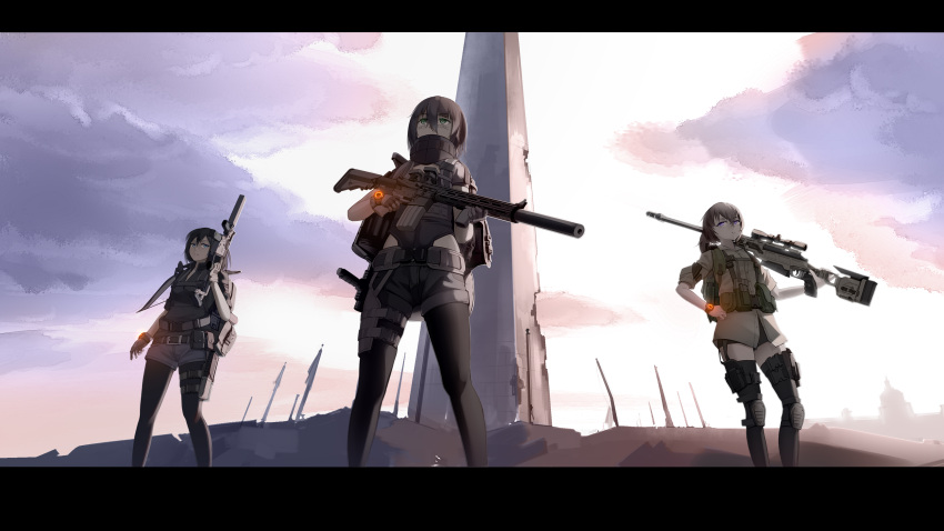 3girls, absurdres, backpack, bag, belt, black_hair, blue_eyes, borrowed_character