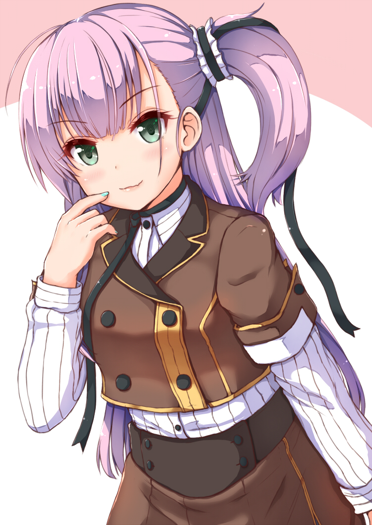 1girl, bangs, blush, closed_mouth, eyebrows_visible_through_hair, finger_to_mouth, green_eyes, index_finger_raised