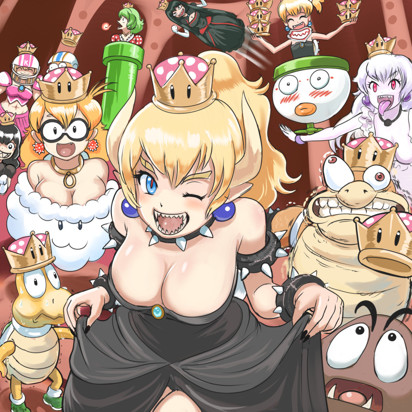 6+girls, black_dress, black_hair, black_nails, blonde_hair, blue_eyes, blush, bowsette, bowsette_jr., bracelet, breasts, bullet_bill, character_request, cleavage, collar, commentary, dated, dress, dress_lift, earrings, eye_pop, eyebrows_visible_through_hair, fangs, flat_chest, goomba, green_hair, highres, jewelry, koopa_clown_car, koopa_troopa, lakitu, large_breasts, long_hair, super_mario_bros., medium_breasts, multiple_girls, nail_polish, necklace, new_super_mario_bros._u_deluxe, nintendo, piranha_plant, ponytail, princess_chain_chomp, princess_king_boo, profitshame, red_eyes, sharp_teeth, spiked_armlet, spiked_bracelet, spiked_collar, spiked_shell, spikes, spiny, super_crown, super_mario_bros., sweat, sweating_profusely, teeth, tongue, tongue_out, trembling, turtle_shell, white_hair