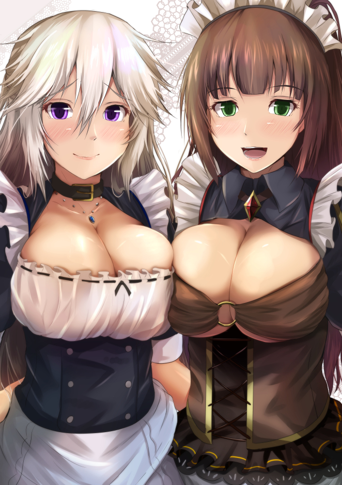 2girls, asymmetrical_docking, bangs, black_collar, blunt_bangs, blush, breast_press, breasts