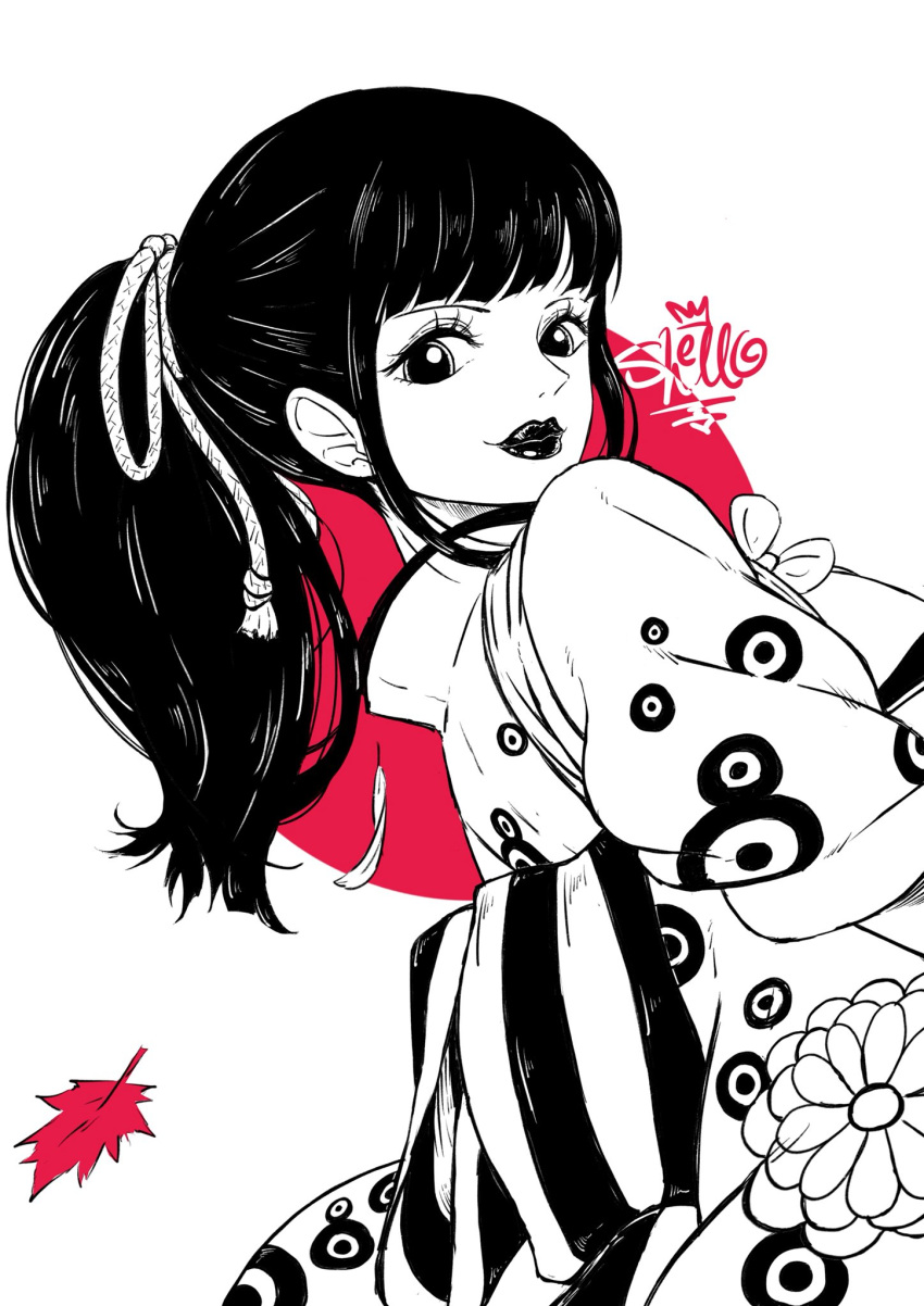 1girl, bangs, black_hair, blunt_bangs, high_ponytail, highres, japanese_clothes, kikunojo_(one_piece)
