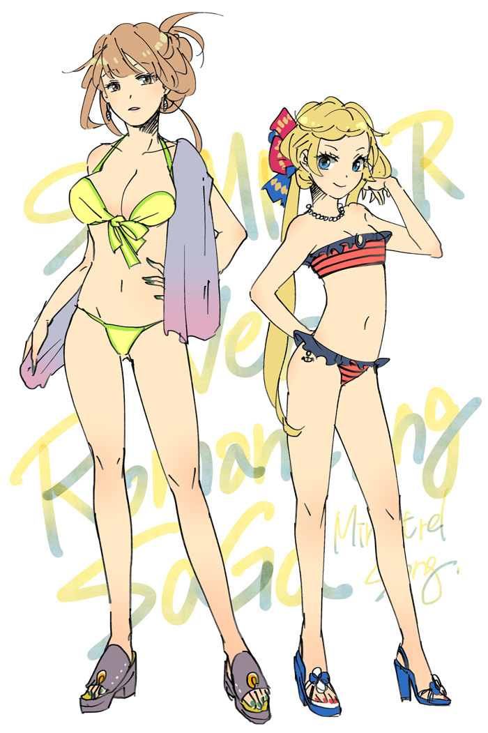 2girls, blonde_hair, blue_eyes, breasts, brown_hair, chimaki_(impressiveanarchy), claudia_(saga), cleavage
