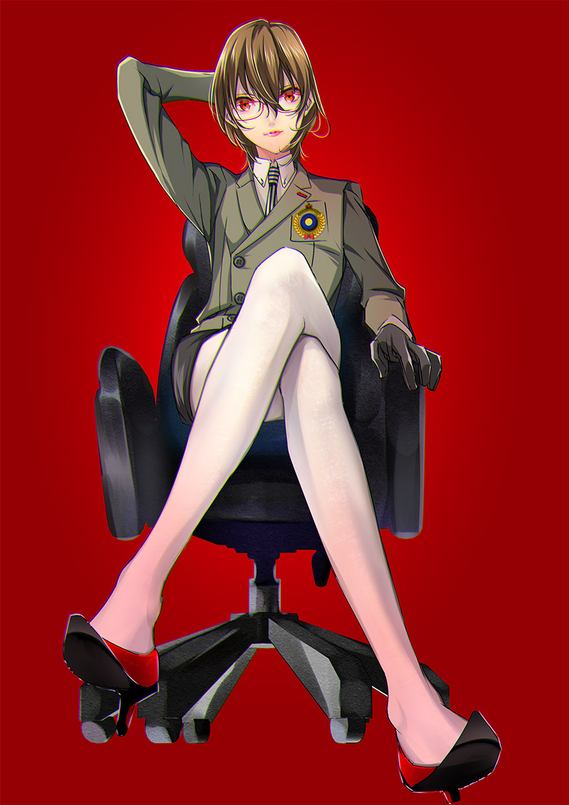 1boy, akechi_gorou, chair, crossdressinging, from_below, gloves, hand_behind_head, high_heels