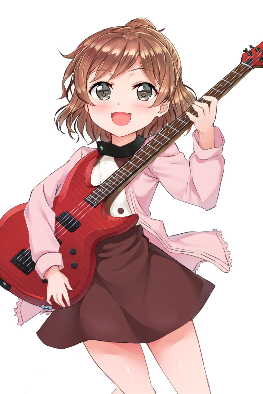 1girl, bang_dream!, brown_eyes, brown_hair, brown_skirt, cardigan, electric_guitar, guitar