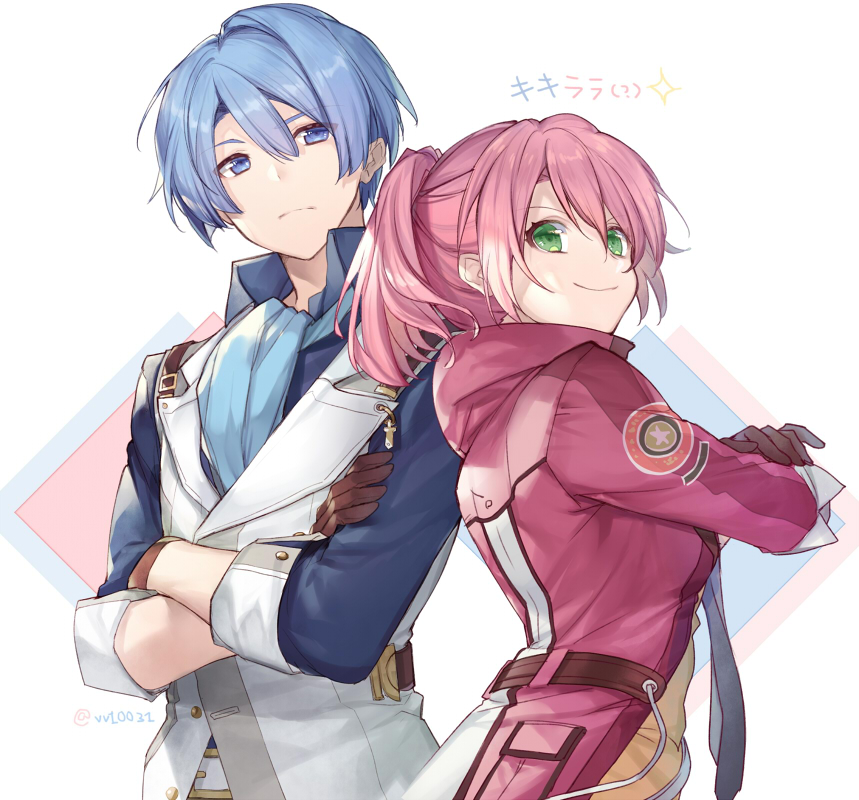 1boy, 1girl, achan_(blue_semi), blue_eyes, blue_hair, brown_gloves, coat, collared_shirt