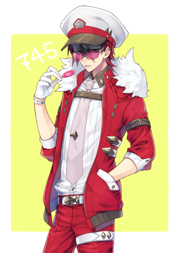 1boy, armlet, belt, black_hair, candy, cowboy_shot, creatures_(company), ear_clip