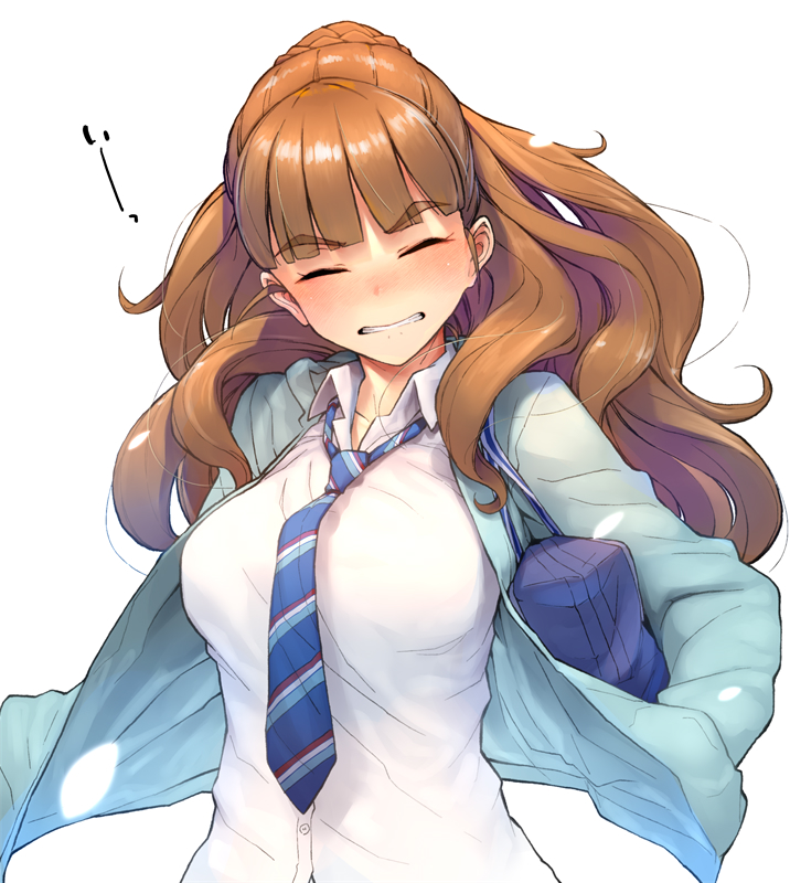 1girl, bag, bangs, blue_jacket, blue_neckwear, blunt_bangs, blush, breasts
