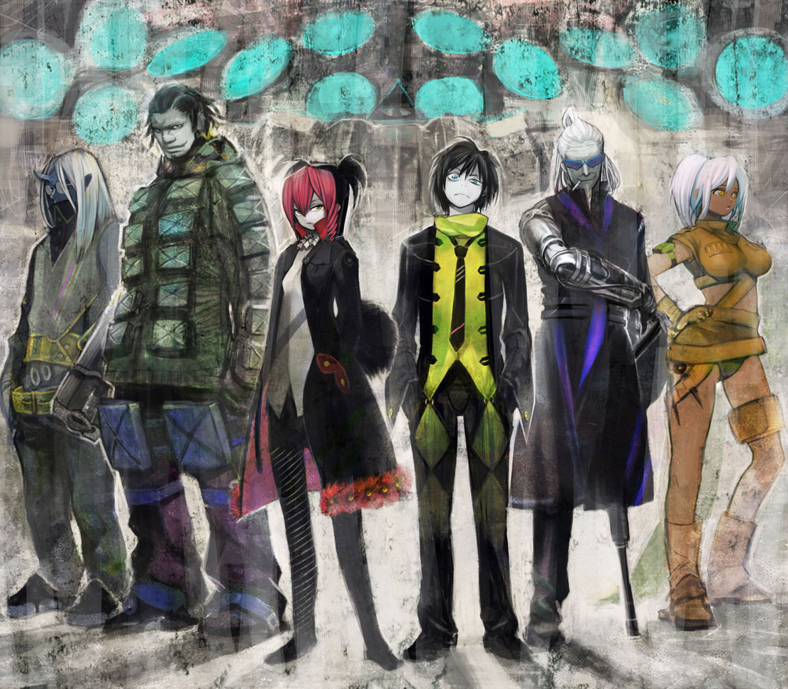 dark_skin, horns, kodama_yuuki, lineup, male, necktie, pantyhose, peg-leg, wooden_leg