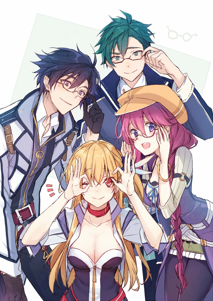 2boys, 2girls, achan_(blue_semi), adjusting_eyewear, alisa_reinford, belt, black_gloves, black_hair, black_legwear, blonde_hair, bracelet, braid, breasts, cabbie_hat, cleavage, coat, collared_shirt, cowboy_shot, dress, eiyuu_densetsu, emma_millstein, feathers, glasses, gloves, green_eyes, green_hair, hair_feathers, hand_glasses, hat, jacket, jewelry, leaning_forward, looking_at_viewer, machias_regnitz, medium_breasts, multiple_boys, multiple_girls, ok_sign, open_mouth, pants, pantyhose, purple_hair, rean_schwartzer, red_eyes, sen_no_kiseki, shirt, short_sleeves, side_ponytail, smile, standing, violet_eyes, zipper
