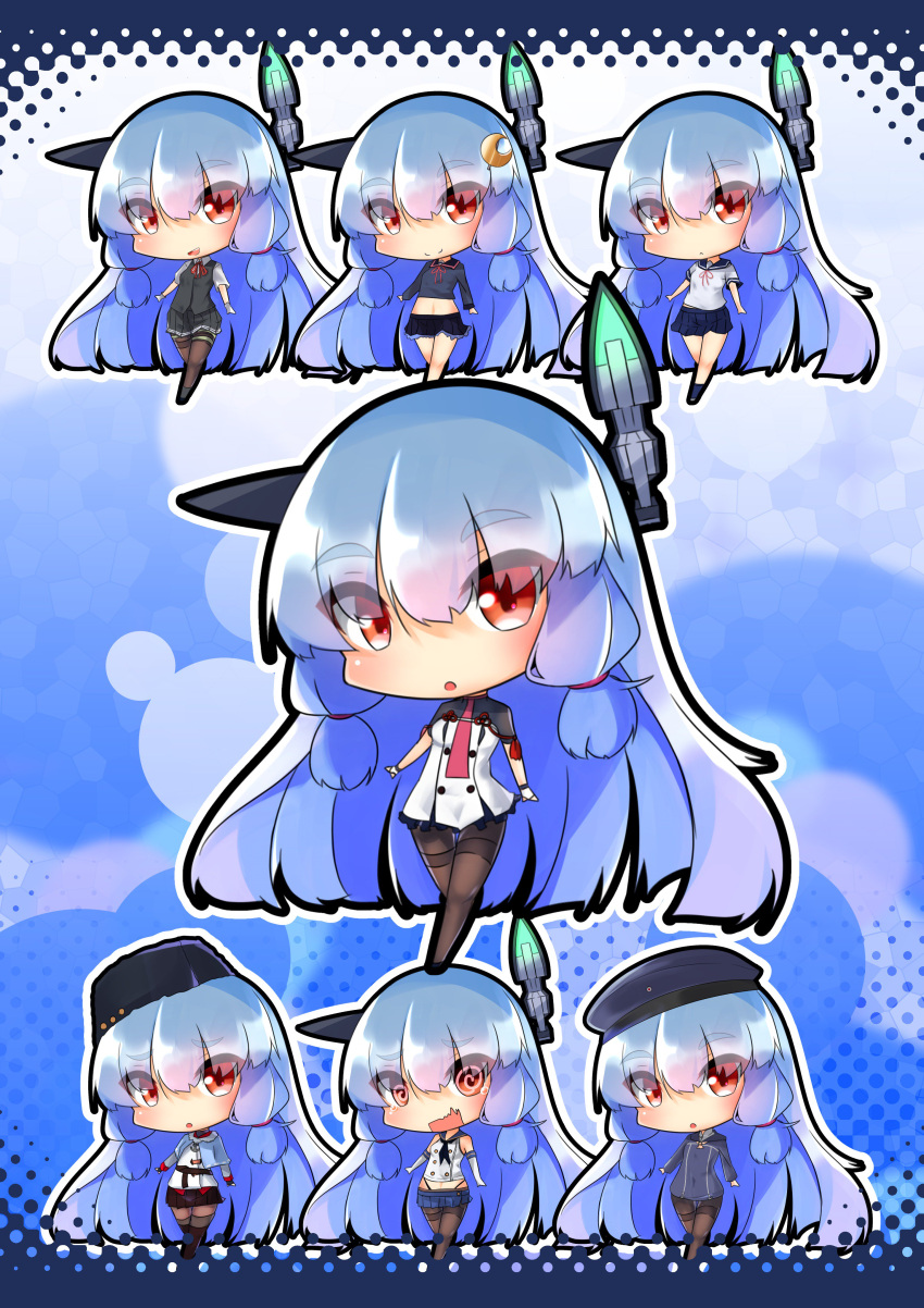 absurdres, artist_request, beret, blue_background, chibi, cosplay, fubuki_(kantai_collection), fubuki_(kantai_collection)_(cosplay)