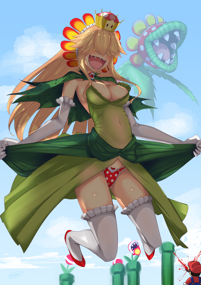 1boy, 1girl, :d, absurdres, blood, blue_sky, breasts, bridal_gauntlets