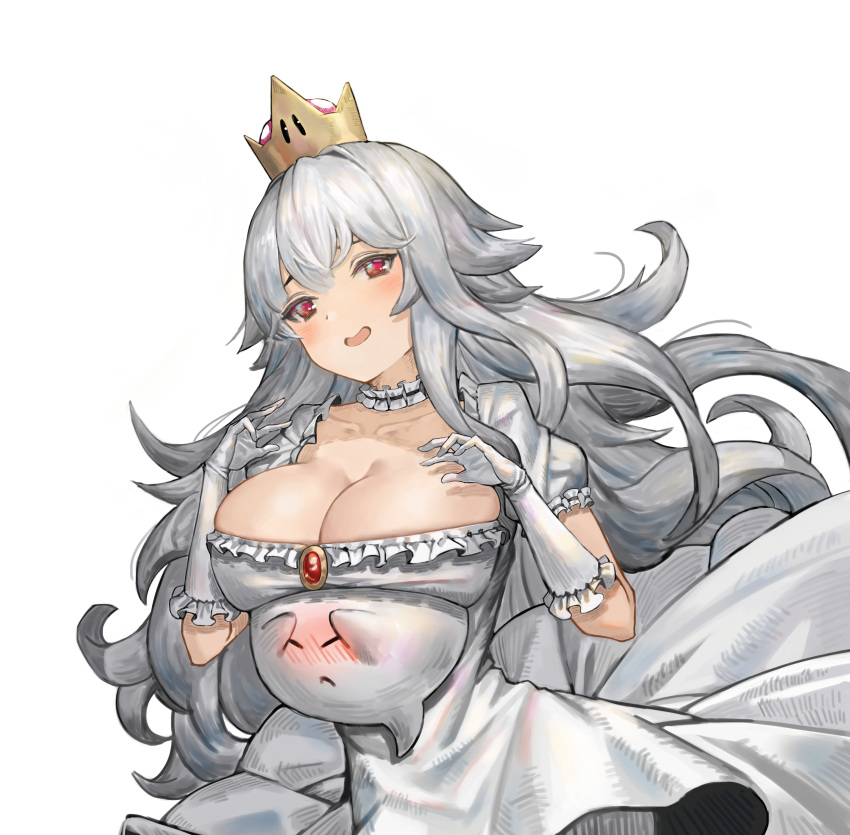 1girl, :d, absurdres, bangs, blush, boo, breast_lift, breasts