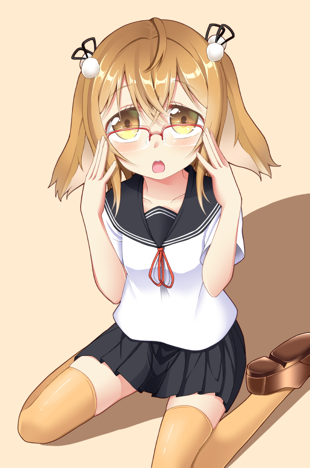 1girl, animal_ears, bangs, bespectacled, black_ribbon, black_sailor_collar, black_skirt, blush