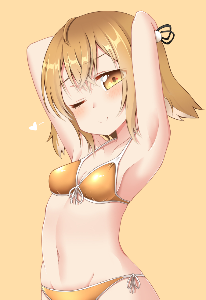 1girl, ;), animal_ears, armpits, arms_up, bangs, bare_shoulders, bikini