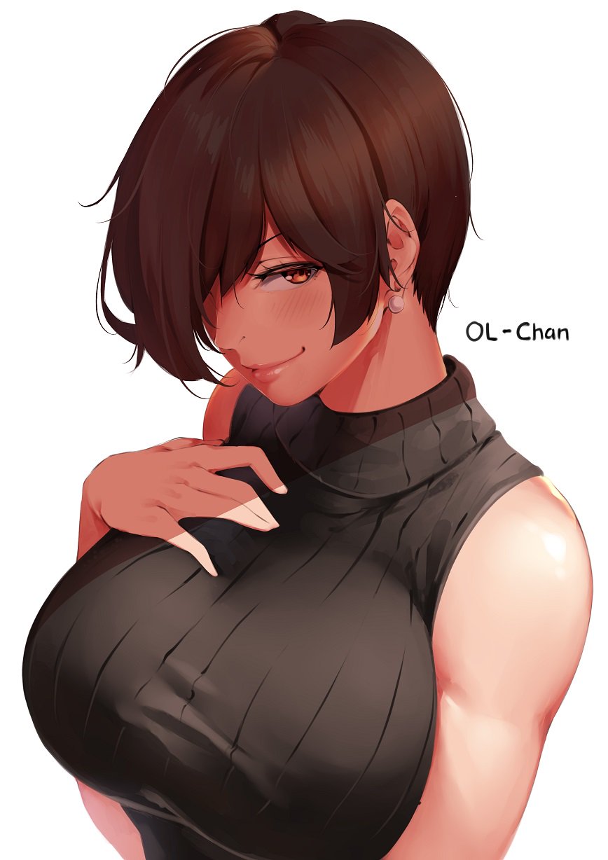 1girl, bangs, bare_shoulders, blush, breasts, brown_eyes, brown_hair, brown_shirt