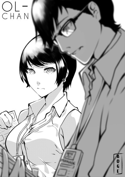 1boy, 1girl, abiboge, badge, bangs, black_hair, blurry_foreground, breasts