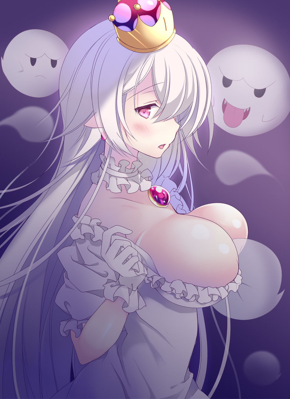 1girl, bangs, blush, boo, breasts, collarbone, crown, dress
