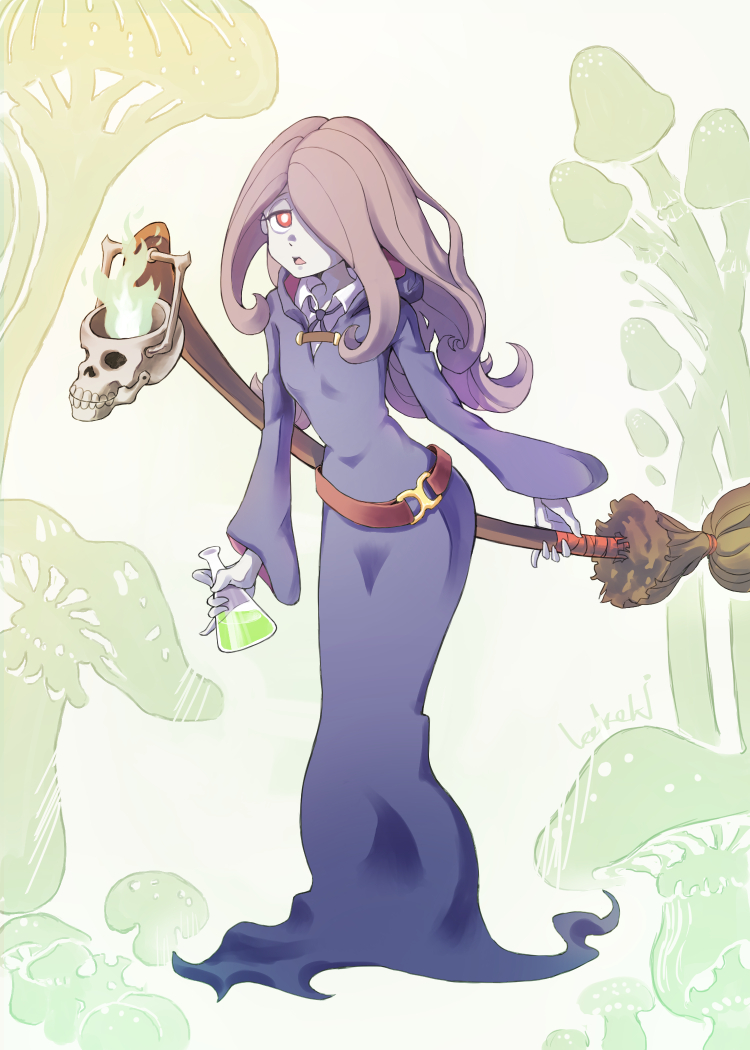 1girl, broom, fire, flame, flask, hair_over_one_eye, holding, holding_broom, ice_keki, little_witch_academia, long_sleeves, luna_nova_school_uniform, mushroom, open_mouth, pale_skin, pink_hair, potion, red_eyes, robe, skull, solo, sucy_manbavaran, torch, white_background, witch