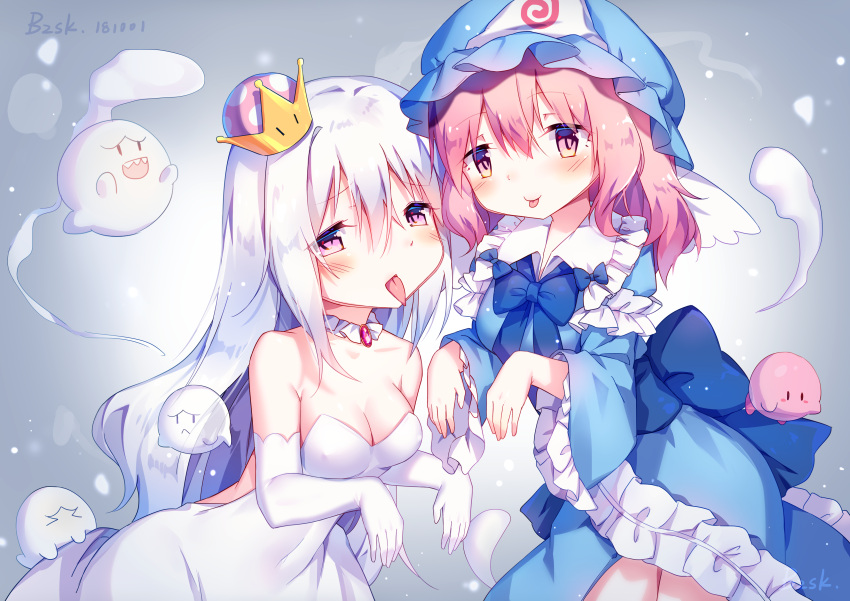 2girls, :p, absurdres, arm_garter, artist_name, backless_dress, backless_outfit, baozishark, bare_shoulders, blush, boo, breasts, choker, cleavage, collarbone, crossover, dress, elbow_gloves, eyebrows_visible_through_hair, ghost_pose, gloves, gradient, gradient_background, grey_background, hair_between_eyes, hat, head_to_head, highres, hitodama, hoshi_no_kirby, japanese_clothes, kimono, kirby, kirby_(series), leaning_forward, long_hair, looking_at_viewer, luigi's_mansion, super_mario_bros., medium_breasts, mob_cap, multiple_girls, new_super_mario_bros._u_deluxe, nintendo, obi, pink_eyes, pink_hair, princess_king_boo, saigyouji_yuyuko, sash, short_hair, simple_background, strapless, strapless_dress, super_crown, super_mario_bros., tongue, tongue_out, touhou, trait_connection, triangular_headpiece, very_long_hair, white_choker, white_gloves, white_hair