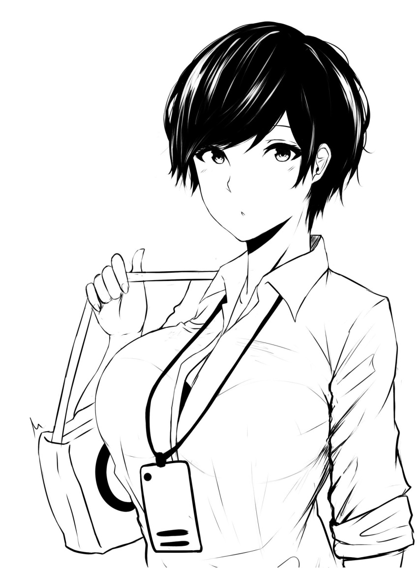 1girl, badge, bag, bangs, black_bra, bra, breasts, collared_shirt