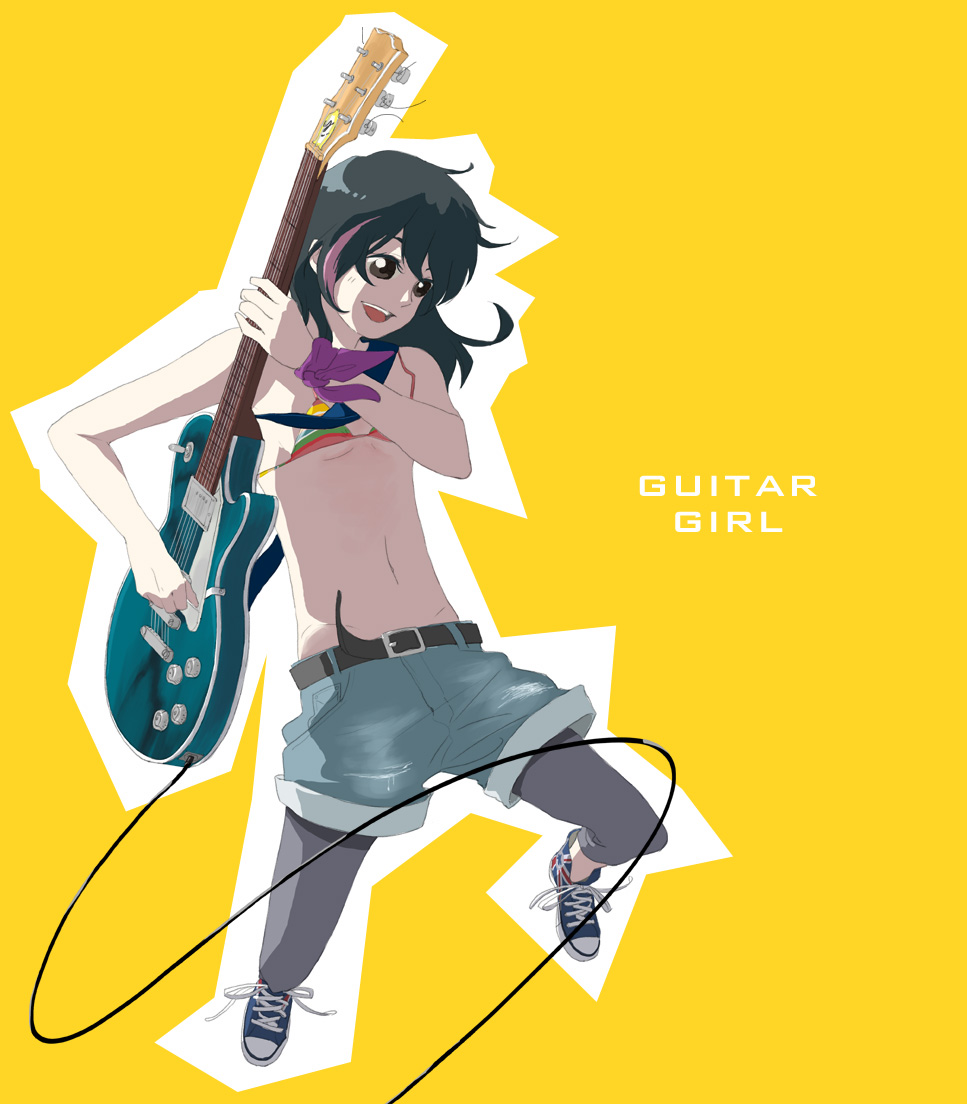 all_star, belt, bikini, bikini_top, black_hair, brown_eyes, converse, denim