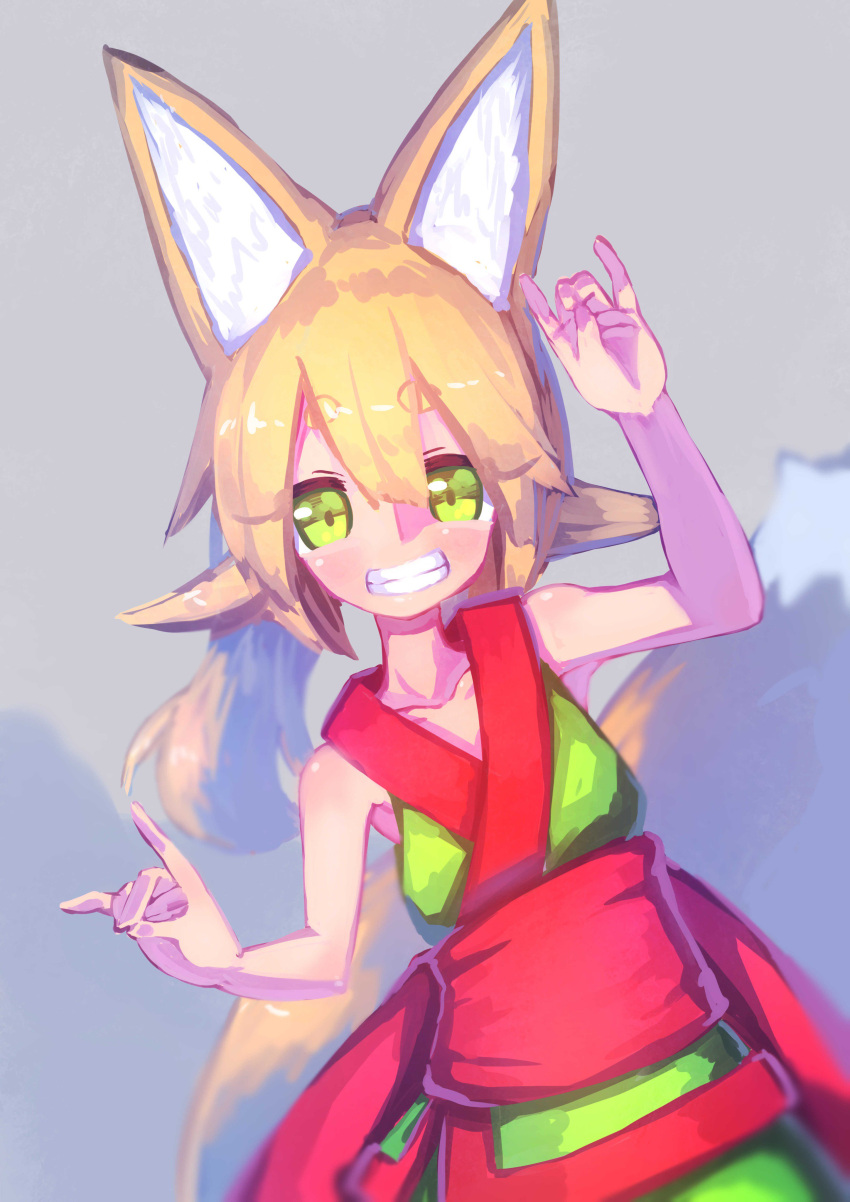1girl, absurdres, akatsuki_urara, animal_ear_fluff, animal_ears, bangs, bare_shoulders, blonde_hair, blunt_bangs, blush, eyebrows_visible_through_hair, fox_ears, fox_girl, fox_shadow_puppet, fox_tail, fukutchi, green_eyes, grin, hair_between_eyes, highres, japanese_clothes, kimono, original, ponytail, smile, solo, tail, teeth, thick_eyebrows