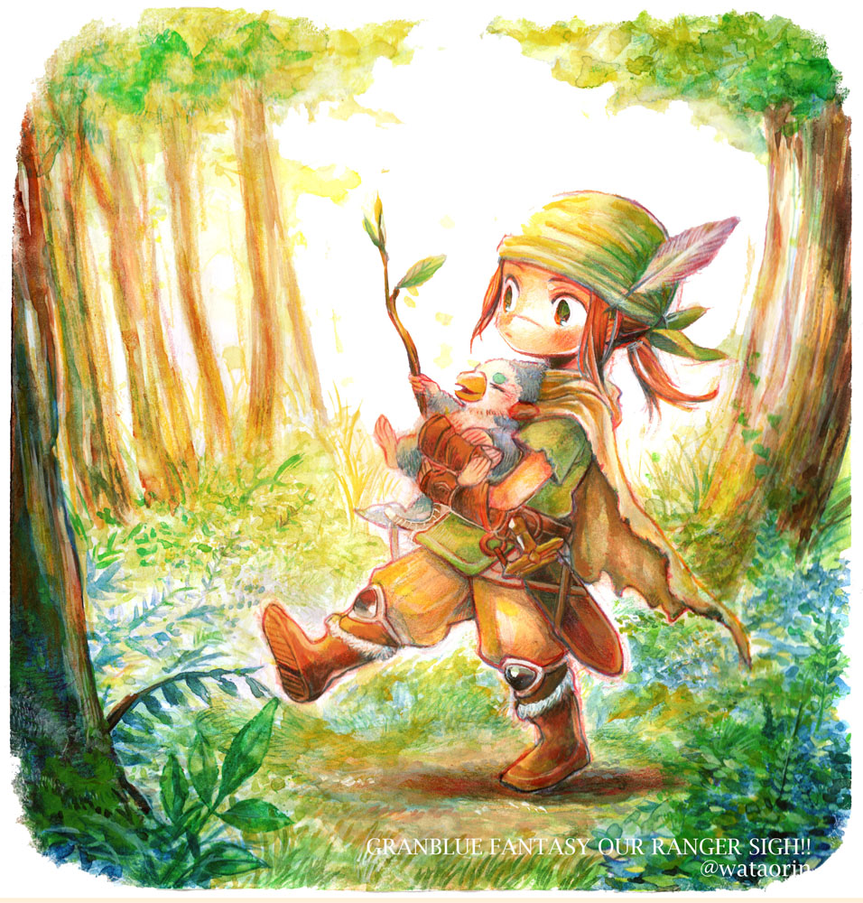 1boy, bandanna, beak, boots, brown_eyes, brown_hair, cape, carrying, closed_eyes, colored_pencil_(medium), dagger, expressionless, feathers, forest, gloves, granblue_fantasy, jade_(granblue_fantasy), nature, ponytail, scar, stick, traditional_media, twitter_username, walder, walking, wataori_(ippuku_shimasho), watercolor_(medium), weapon, younger