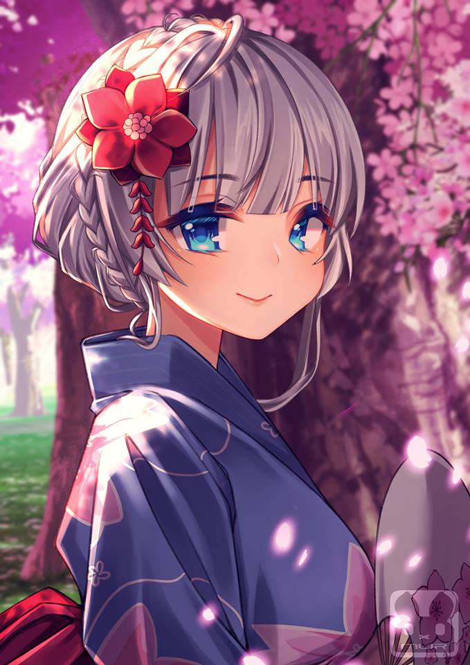 1girl, closed_mouth, commentary, commission, english_commentary, fan, flower, hair_flower