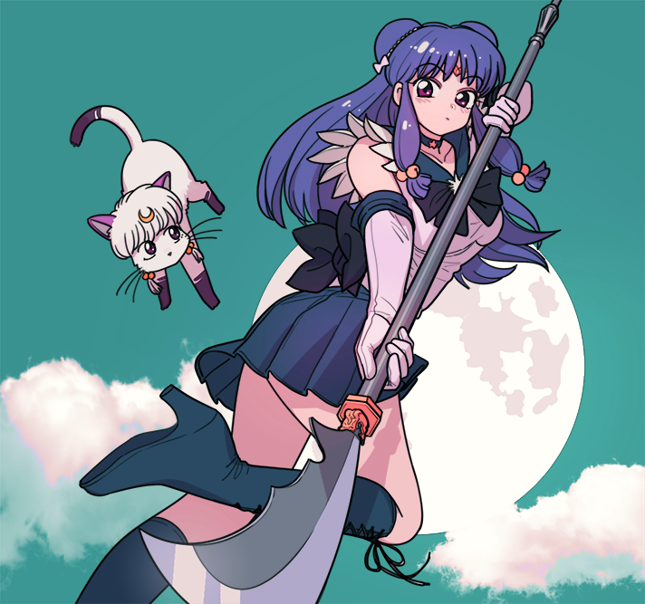 1girl, bishoujo_senshi_sailor_moon, black_bow, black_neckwear, boots, bow, bowtie, cat