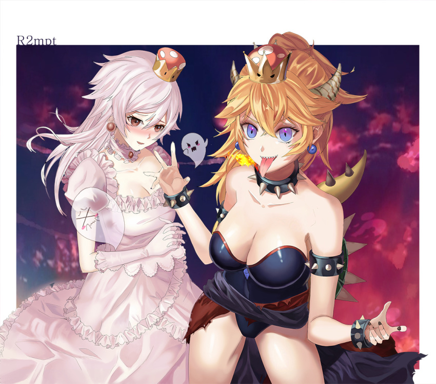 >_<, 2girls, alternate_color, alternate_eye_color, artist_name, bangs, bare_shoulders, black_nails