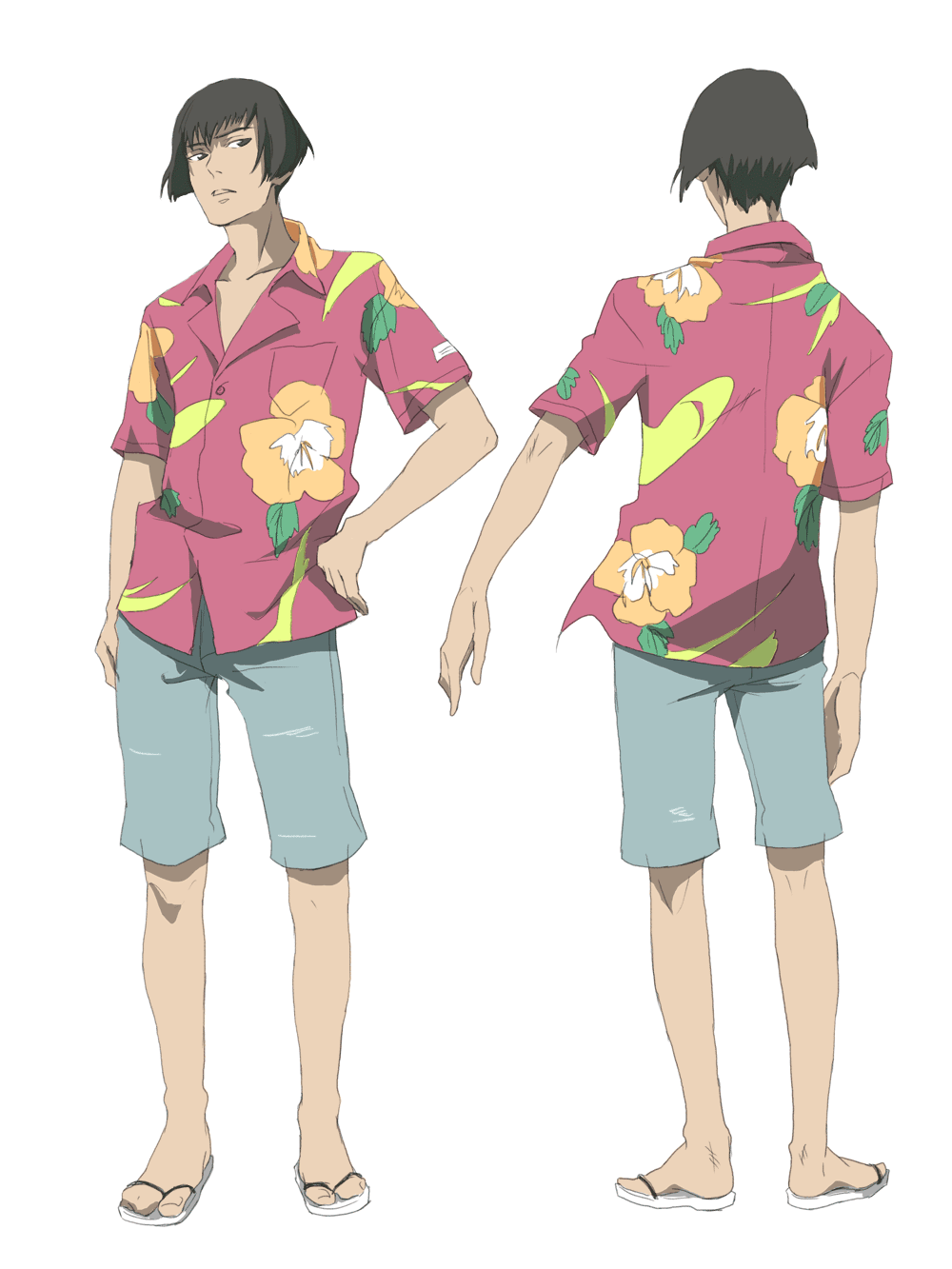 bermuda_shorts, hawaiian_shirt, highres, ikasumi, macross, macross_frontier, male, sandals, short_hair, shorts