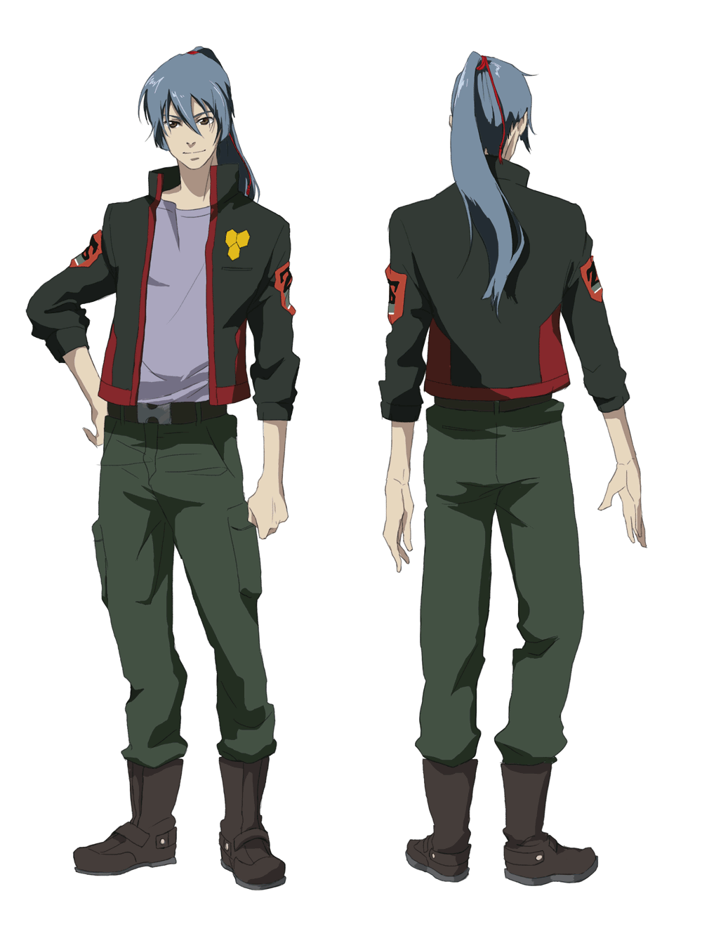 blue_hair, boots, brown_eyes, cargo_pants, highres, ikasumi, jacket, macross