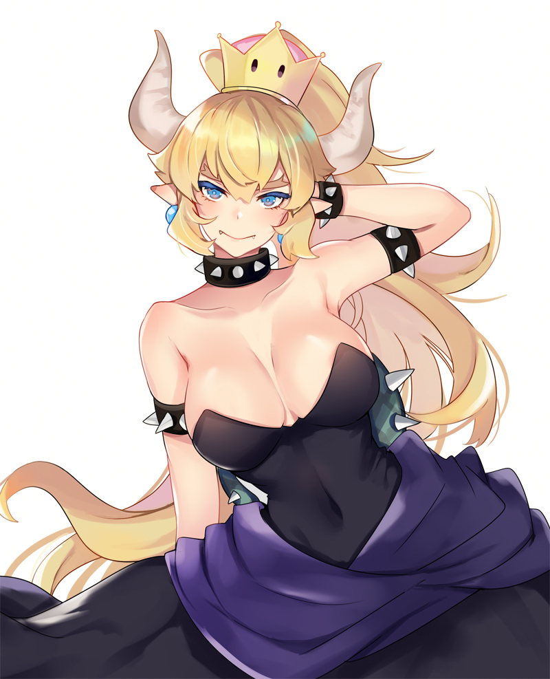 1girl, arm_at_side, bare_shoulders, black_dress, blonde_hair, blue_eyes, blush, bowsette